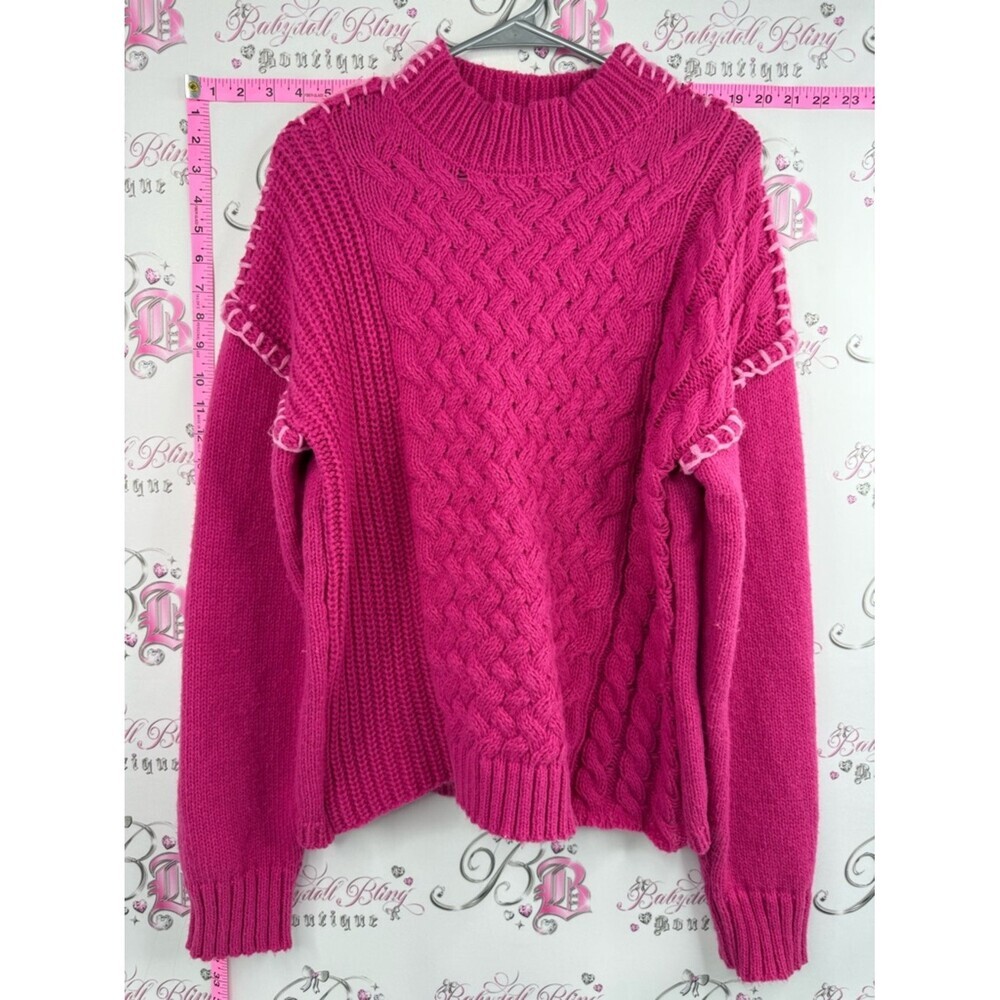 Love Riche sweater thick Cable Patchwork Turtleneck Sweater - Hot Pink